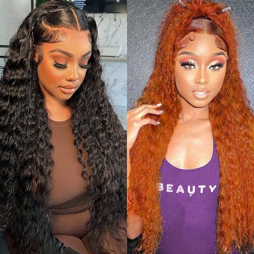 Natural Color 13x6 Deep Wave Lace Front Wigs 24 Inch+Ginger Orange 13x4 Deep Wave Lace Front Wigs 30 Inch