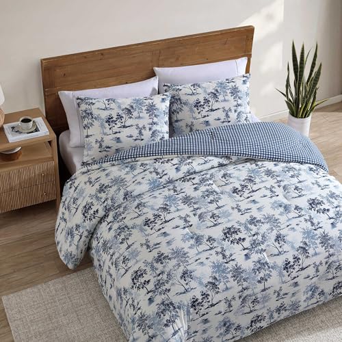 Image of Eddie Bauer - King Comforter Set, Super Soft Reversible Bedding with Matching Shams, Buffalo Check Reverse, Rustic Inspired Room Essentials (Vintage Forest Toile Blue, King)