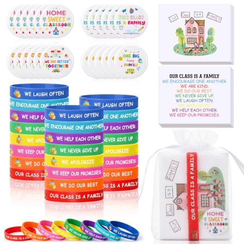 Chalyna 24 Sets Back to School Gifts for Student Include Our Class Is a Family Silicone Bracelet with Organza Bag First Day of School Greeting Card and Badge for 1st Day of Classroom(Fifth Grade)