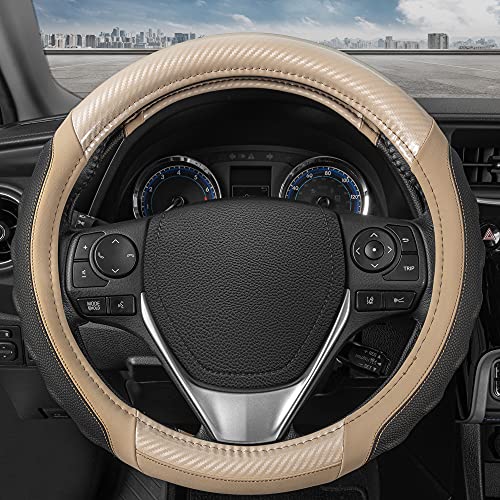 Image of Motor Trend UltraSport Beige Carbon Fiber Steering Wheel Cover, Standard 15 inch Size, Black Faux Leather Comfort Grip, Car Steering Wheel Cover for Auto Truck Van SUV