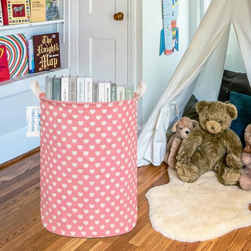 Image of Round Laundry Basket Collapsible Storage Hamper Organizer Pink Heart | Waterproof Canvas Foldable Baskets with sturdy Handles Multi-scene Organizer for Home Play Bedroom Gift Bin