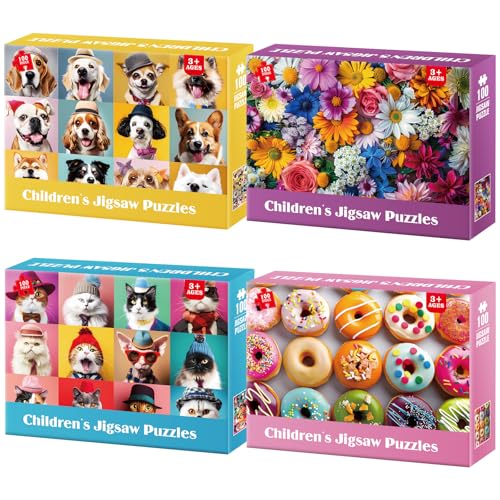 Jeacirio 100 Piece Puzzles for Kids Ages 4-8 - Dogs Flowers Donuts Cats Puzzles - Large Puzzle for Senior Jigsaw Puzzle for Kids Ages 4-6 6-8 8-10 Year Old Educational Toys Gifts 4-Pack 15