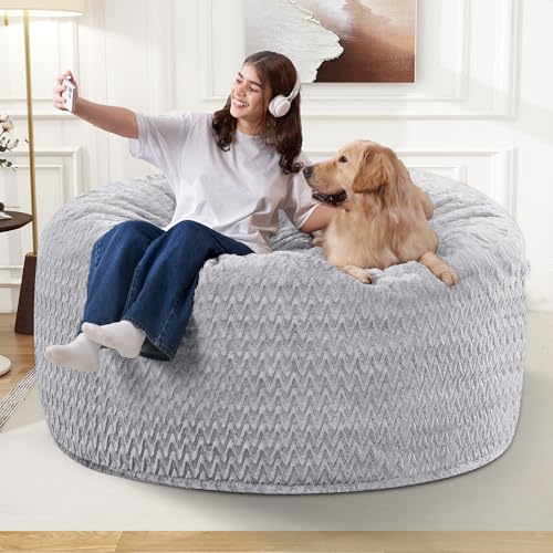 Image of 3FT Bean Bag Chair,Giant Bean Bag Chairs for Adults,Big Bean Bags with Memory Foam Filled, Large Beanbag Chairs with Chevron Plush Cover-Light Grey