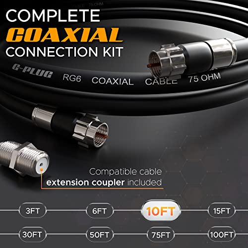 Image of G-PLUG 10FT RG6 Coaxial Cable Connectors Set- High-Speed Internet, Broadband and Digital TV Aerial, Satellite Sky Cable Extension - Weather-Sealed Double Rubber O-Ring and Compression Connectors Black