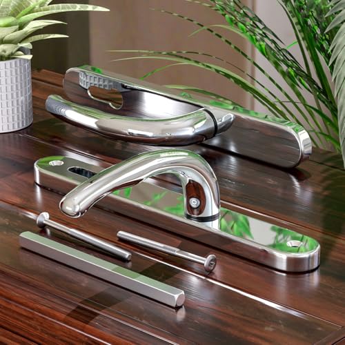 Bwintech 1 Set Polished Chrome UPVC Door Handle Set Stainless Steels 304, 92mm Backset, 210mm Screw Hole Distance, 243mm Plate Length Front Door Handles for UPVC Door - Image 6
