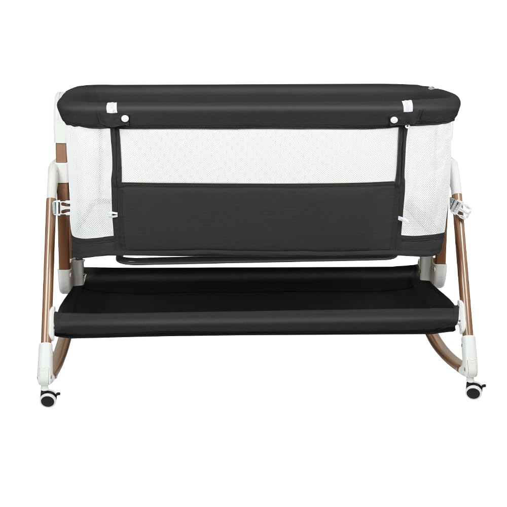 LANTUS Berceau 3 en 1, Lit Cododo, Berceau à Inclinaison, Hauteur réglable sur 6 Niveaux(50-75cm(50-55 - 60-65- 70-75)), jusqu'à 50kg, Roues 360º, Moustiquaire, 90 x 60 x 90-115 cm – Noir + Or