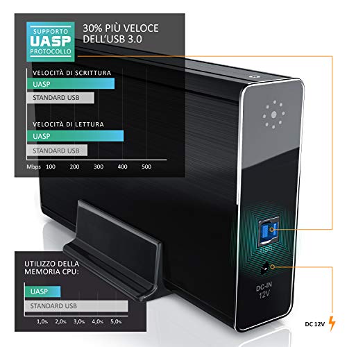 CSL - Case per Hard Disk 3.5 Pollici Esterno USB 3.0 - Custodia in Alluminio- per SSD e HDD - SATA - UASP - Super Speed 5 Gbit s - Plug e Play - Hot-Plug - con Alimentatore Incluso - Nero anodizzato