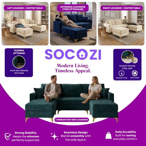 Image of SOCOZI Bravelle 5 Seater L Shape Sofa Set with 2 Movable Ottomans | Flexible Layout| Soft Velvet Suede Fabric|Modern Sofa | Plush Comfort Cushions for Living Room (Dark Blue)
