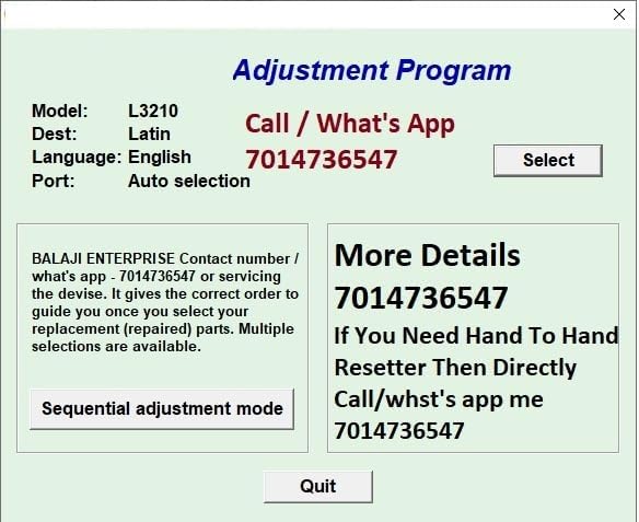 Adjustment Program Resetter Single Pc L3210 L3215 L3216 L1210 L1215 (Email Delivery - No CD)