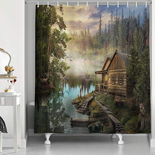 Nymb Natural Scenery Lake House Shower Curtain Sets, Wooden Cabin Pine Tree In Magic Forest, Waterproof Fabric Bath Curtain Bathroom Accessories Decor Set With Hooks, 69X70 In #TOP8