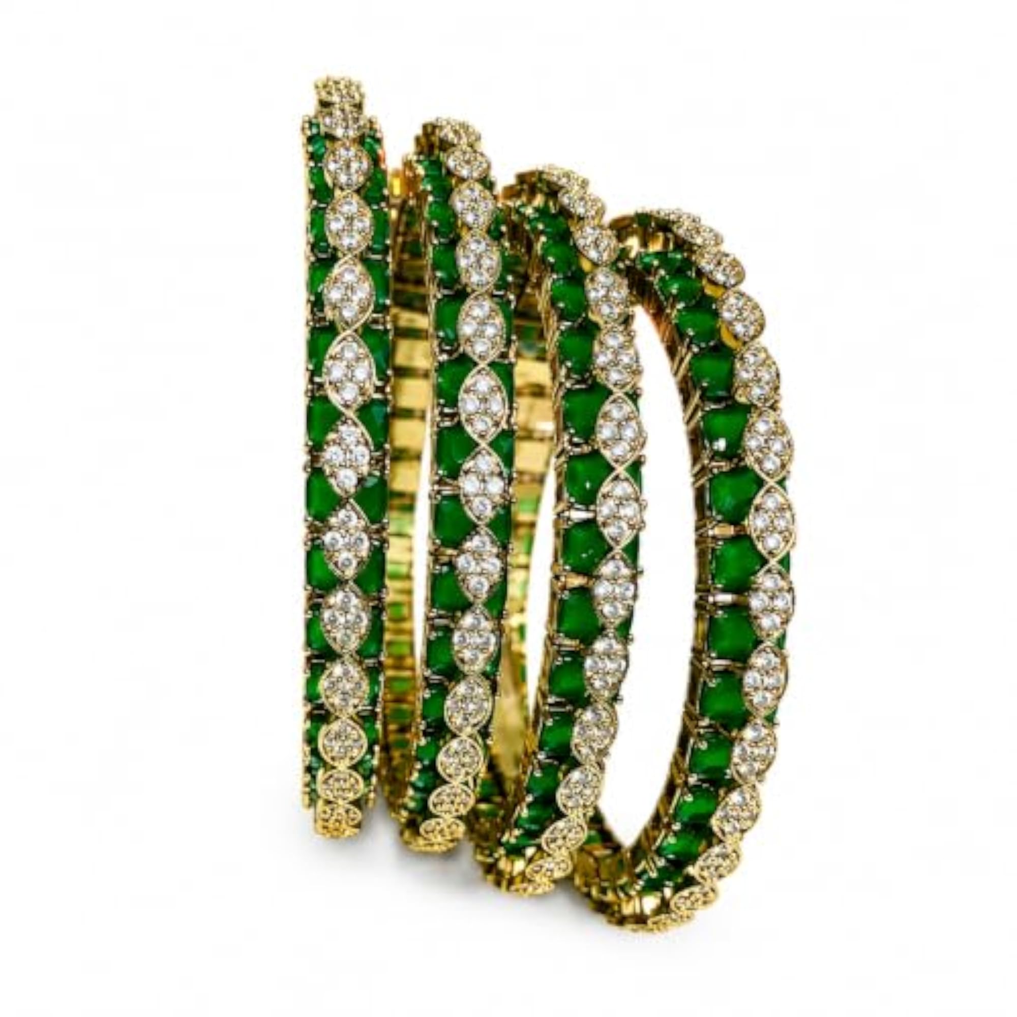 Dazzling AD Green Stone Gold Finish Bangles, Pack of 4