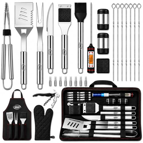 Kaluns Grilling Accessories, Dad Gifts for Fathers Day, Heavy Duty Stainless Steel Grill Set BBQ Grill Accessories for Outdoor Grill with Meat Thermometer, Case and Apron