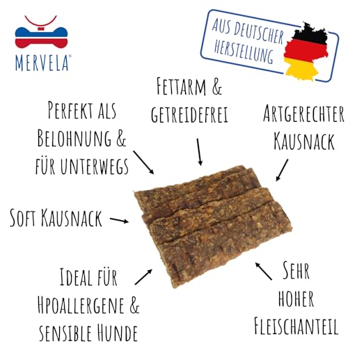 MERVELA® Lamm Fleischstreifen | 500 Gramm | Chewies | getreidefreie Hundeleckerli | Kaustreifen | hoher Fleischanteil | Kausnack für Hunde | Belohnung | Training Fleischstreifen