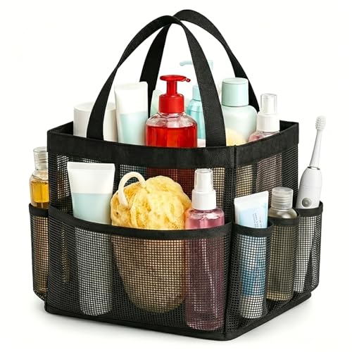 Mesh Shower Caddy Portable with 9 Pockets for College Dorm Room Essentials | Black Shower Bag, Dual Handles, Quick Dry Mesh, for Toiletry, Camping, Swimming, Gym, Beach
