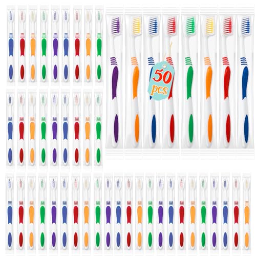 50 Pcs Toothbrush Bulk Disposable, Individually Wrapped Pack, Soft Disposable Toothbrushes for Adults Kids, Adult and The Elderly. Suitable for Hotel, Travel, Home, Donated
