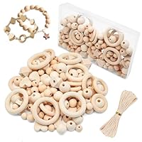 KELAV Holzperlen Holzringe Set,126 Stück Holzperlen Set Holzkugeln mit Loch Kit Rnthalten Runde Perle,Holzringe,Stern,Liebe Form,Perlen mit Loch Ketten für DIY Schmuck Herstellung