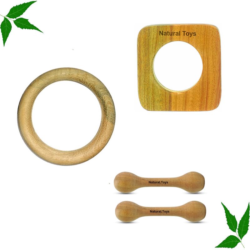 Natural.Toys Neem Wooden Teether Combo for Infant (Square Teether + 75Mm Ring Teethers + 2 Chusni Soother) Baby Teethers Set-image-2
