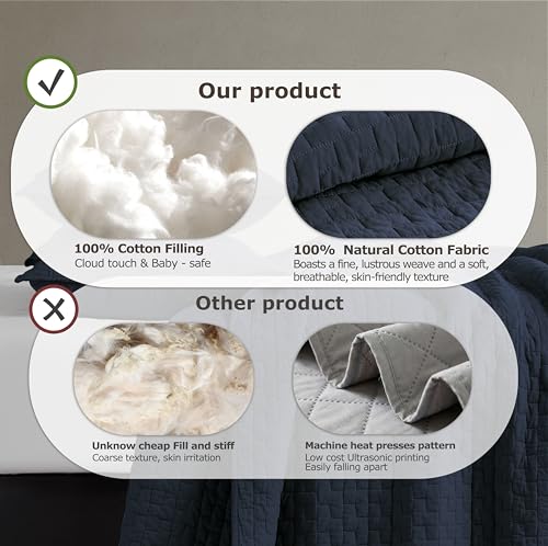 Image of palassio Navy Blue 100% Cotton Quilt Queen Size Bedding Sets with 2 Pillow Shams, Textured Lightweight Soft Bedspread Shabby Chic Coverlet, Quilted Comforter Bed Cover for All Season, 3 Pieces