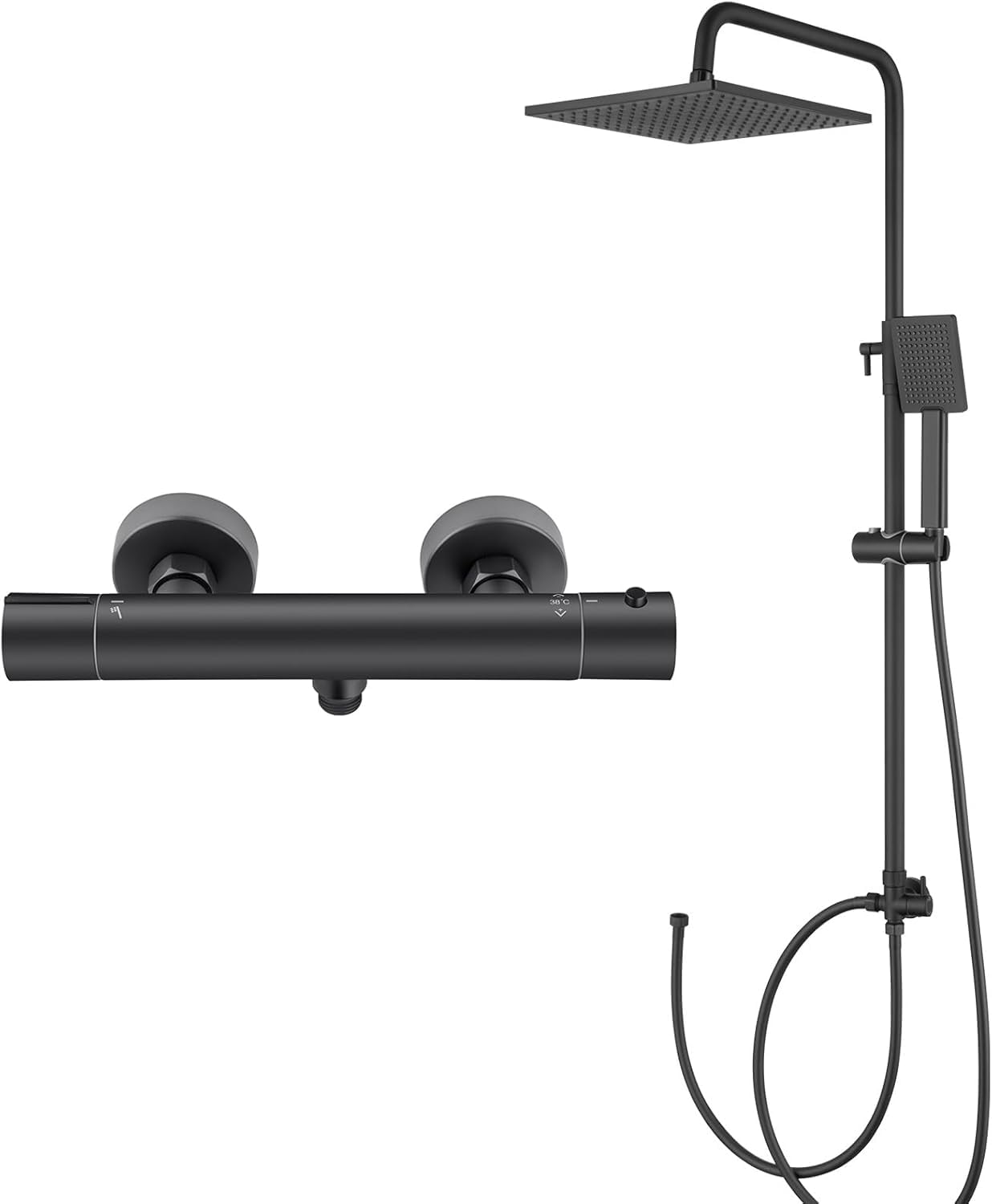 DERW Black Thermostatic Shower Set, 10" Square Rain Shower Head and Single Function Handheld Shower, 65-110cm Height Adjustable Rail, Anti-Scald, Anti-Corrosion, Easy Fit Old Holes