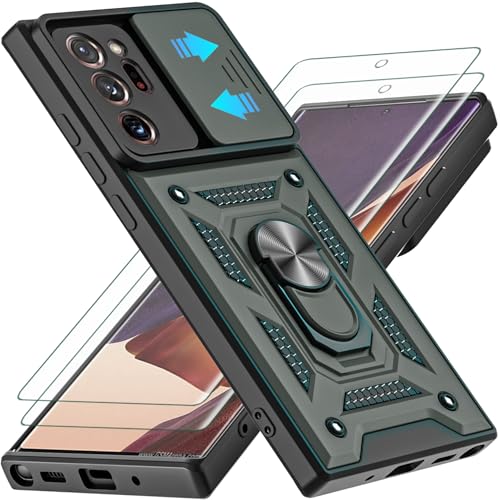 AKINIK for Galaxy Note 20 Ultra Case, with Self Healing Flexible TPU Screen Protective [2 Pack] & Slide Camera Cover, 360°Rotation Ring Kickstand [Military Grade] Case. (Green)