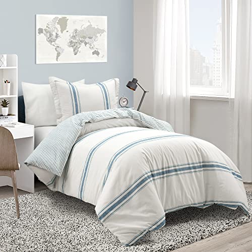 Image of Lush Decor Farmhouse Stripe Reversible Cotton Duvet Cover Twin XL Size 2 Piece Set Blue - Twin XL Bedding Set - Striped Duvet Cover - Dorm Essentials