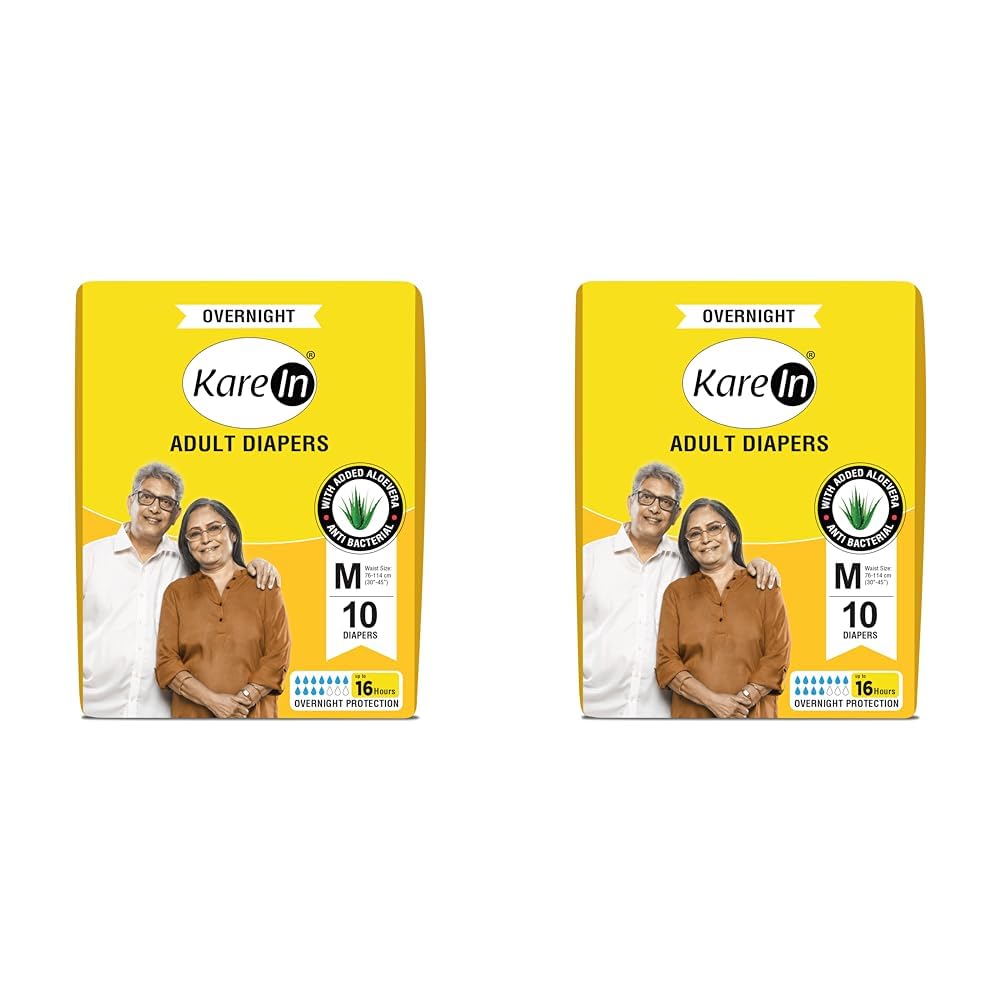 KareIn Overnight Adult Diapers, Medium, Waist Size 76-114 Cm (30"- 45"), 10 Count, Tape Style, High Absorbency, Odour Free, With Aloe Vera Lotion, Anti-Bacterial, ADL, Leak Proof, Pack of 2
