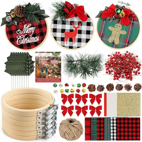 Pllieay 6 Pack of Christmas Ornament DIY Craft Kit Includes Christmas Plaid Fabric, Bamboo Hoop, Mini Pinecones, Artificial Pine Needle and Artificial Small Berrie for Christmas Decorations
