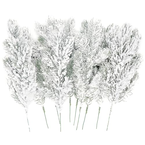 Kesywale 10PCS Frosted Artificial Pine Needles Branches 10.6' Christmas Fake Snowy Pine Picks Twigs...