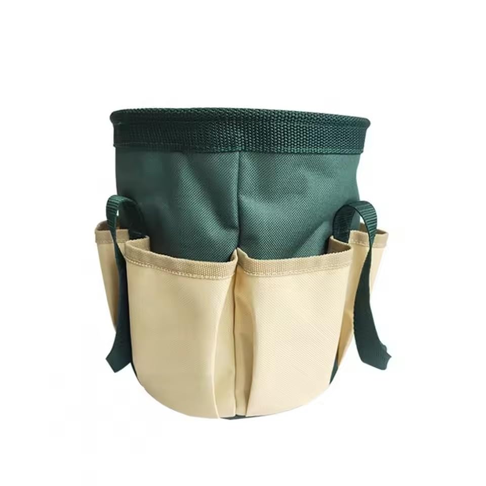 Large Capacity Contrast 2 Solid Colors Optional Oxford Cloth Side Pockets Around Round Bucket Garden Tool Holder Organizer