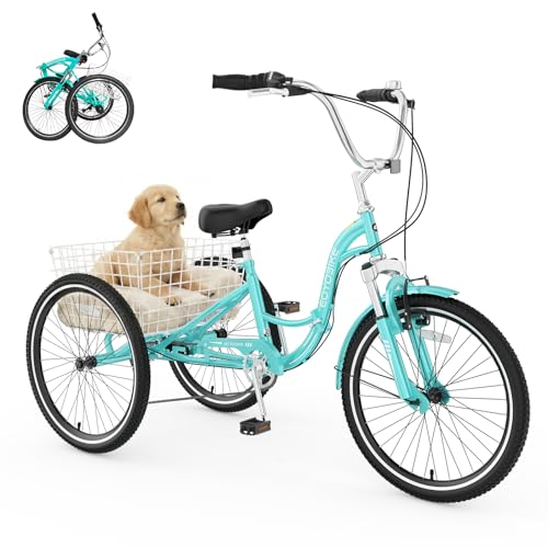 MOPHOTO Adult Folding Tricycle, 7-Speed 3 Wheel Bike for Adults, Seniors, Women & Men, 20/24/26 Inch Low Step-Through Trike with Large Rear Cargo Basket, Adjustable Seat, Space-Saving Cruiser Bicycle