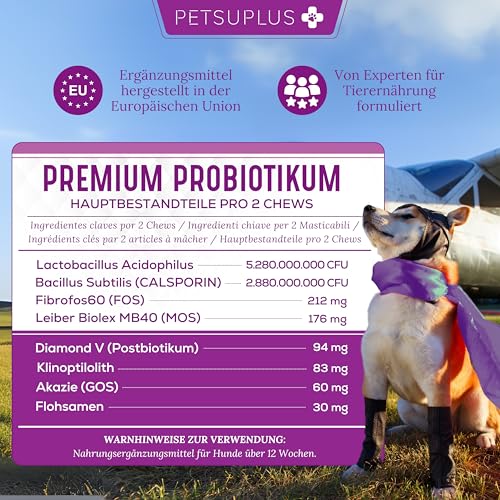 PETSUPLUS Probiotika Hund, 120 Kautabletten, Dogs Hunde Nahrungsergänzungsmittel mit Flohsamenschalen, Repariert die Darmflora & schützt das Immunsystem, Kur Gegen Durchfall Erbrechen und Sodbrennen