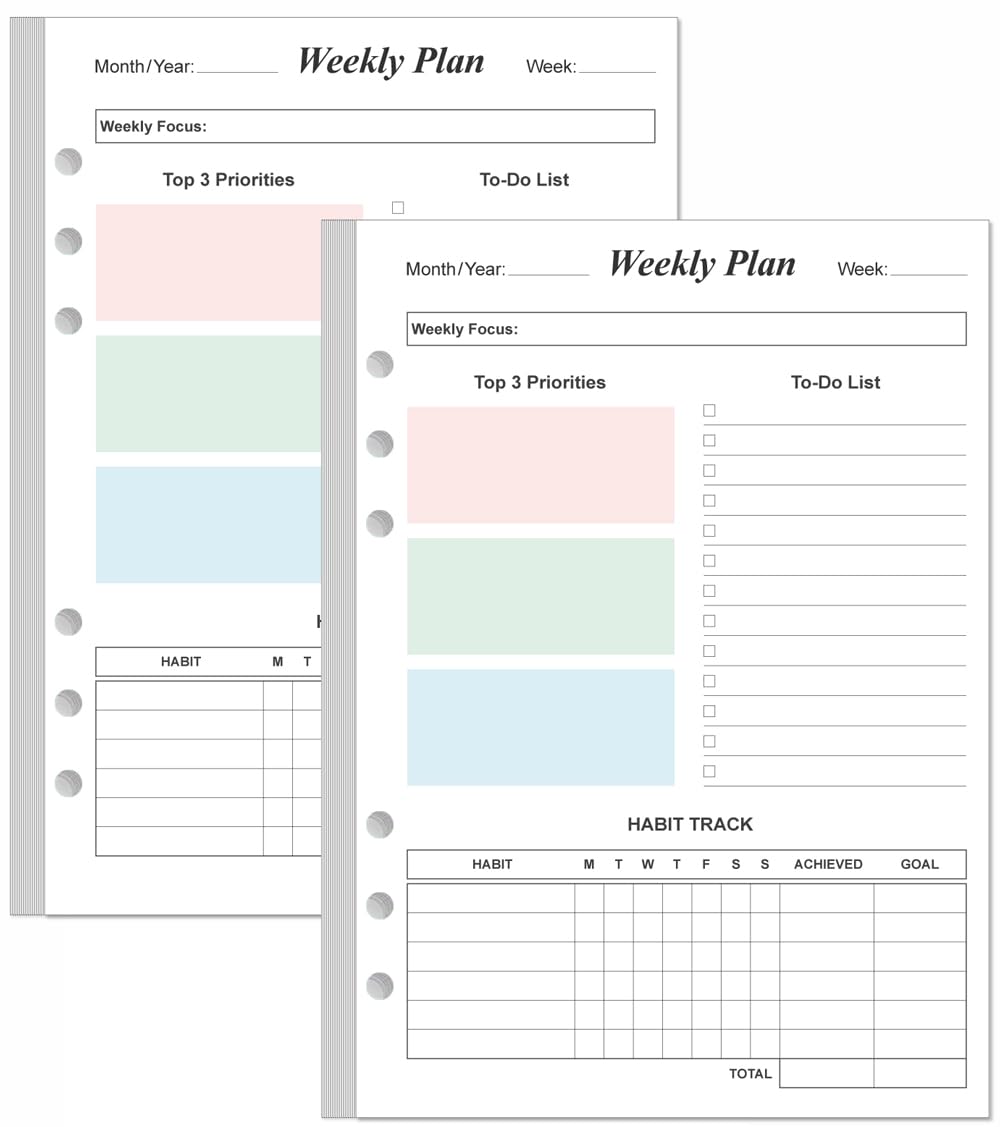 (2-Pack) Weekly Planner Refills for A5 Binders - 106 Sheets/212 Pages Undated Colorful Weekly Planner, 6-Hole Punched, 100 gsm White Paper, Lasts 1