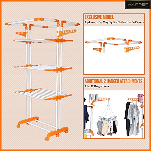 Image of Happer Premium Double Supported 4 Layer Cloth Drying Stand with Thread Lock Mechanism and Breaking Wheels, King Jumbo (Orange) Stainless Steel Plastic