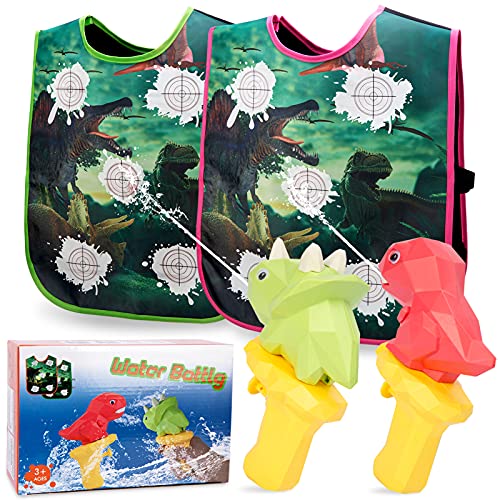 Hobbylane Water Guns for Kids, 2 Pack Dinosaur Water Guns & 2 Pack Water Activated Vests, Summer Backyard and Sand Beach Toy for Kids, Water Battle Guns Toy Outdoor Play Fun Toy for Boys and Girls