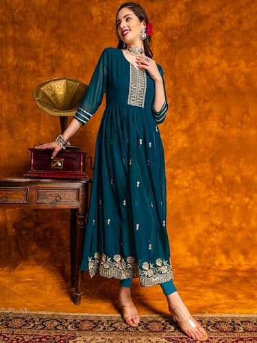 Image of EthnicJunction Women's Georgette Relaxed Fit A Line Embroidered Naira Cut A-Line Kurta | Karva Chauth Special Kurta