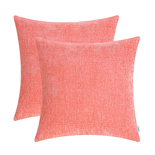 CaliTime Pack of 2 Cozy Bolster Pillow Covers Cases for Couch Sofa Home Decoration Solid Dyed Soft Chenille 55cm X 55cm Living Coral