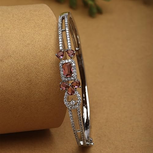 Image of ZENEME Rhodium-Plated American Diamond Studded Flower Patterned Kada Bracelet For Girls and Women