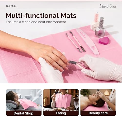 Image of MelodySusie Disposable Nail Mats, 125Pcs 3-Ply Absorbent Nail Art Table Pads with PE Backing, 18 inch x 13 inch Nail Desk Protection for Manicure Pedicure, Salon Home DIY Pink