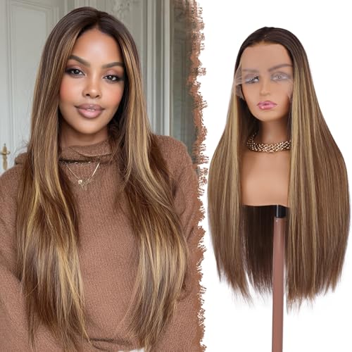 FESHFEN Pelucas Pelo Largo Liso   13x4 Lace Front Peluca para Mujeres Castaño Rubio Degradado Pelucas Sintético Resistente al Calor Pre Desfilada Wig para Diaria y Fiestas, 75 cm