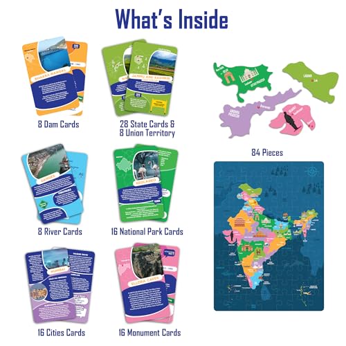 Image of popcorn Games & Puzzles India Map Puzzle for Kids with100 Flash Cards | Indian Flag Puzzles for Kid | Educational Toy for Learning | Gifts for Ages 6+ Years Old Childrens