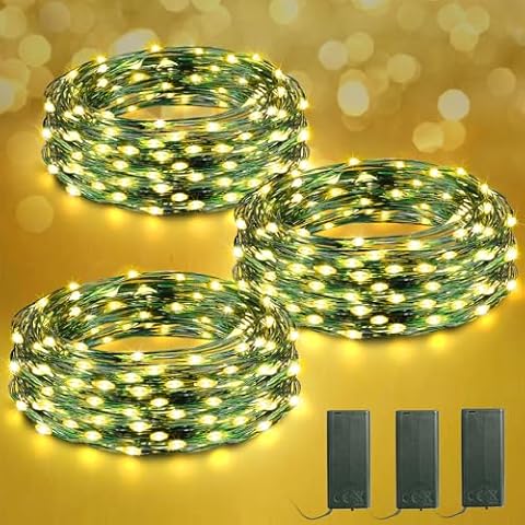 KNONEW 3 Pack Fairy Lights Battery Operated,Total 60FT 180 LEDs,Flashing and Steady On Mode,Dark Green Wire Copper Wire for Indoor Wreath DIY Party Wedding Christmas Decoration(Warm White) Cover
