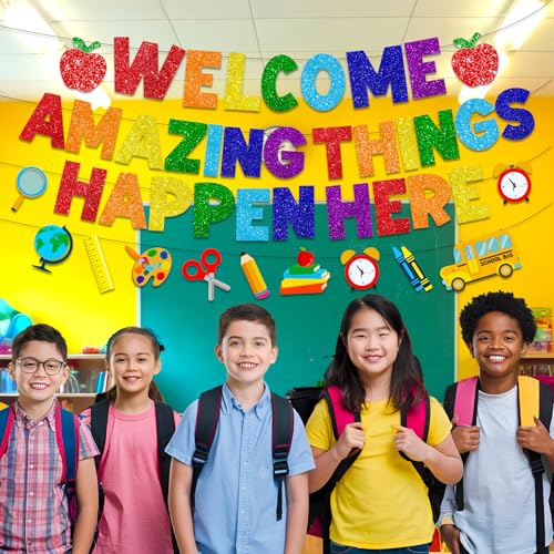 Image of Welcome Amazing Things Happen Here Banner,Welcome Back Banner School Decorations Welcome School Sign for Back to School Classrooms Decor