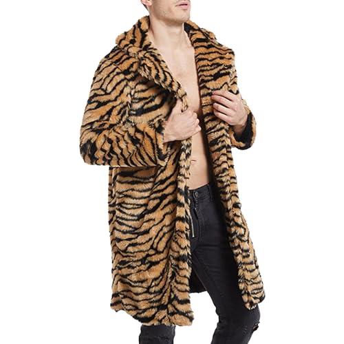 Men's Tiger Patterned Long Coat Winter Warm Fur Furry Male Overcoat Thicken Soft Sleeve Faux Fur Coats