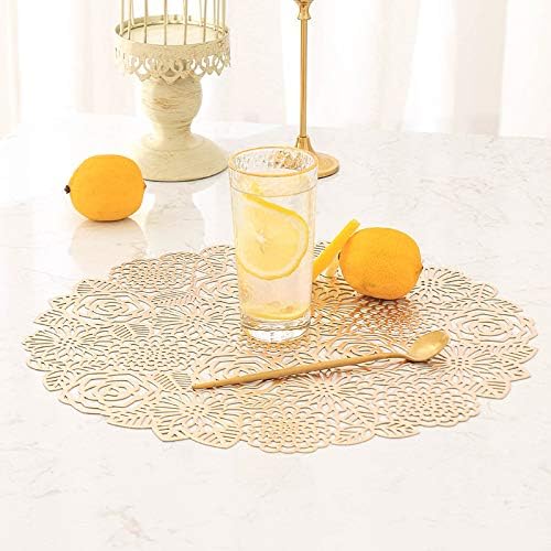 Hosoncovy 4 Pack Rose Placemats Table Mats Set Washable PVC Non-Slip Heat Resistant Table Place Mats Dinner Mats Hollow Placemats Meal Mat for Kitchen and Dining Room for Wedding Party (Silver)