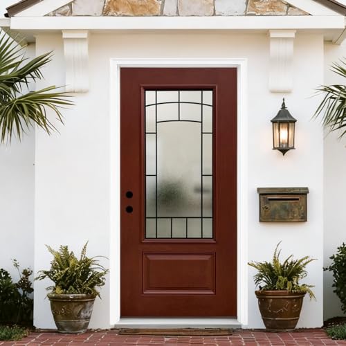 36'' x 80" Red Glass Front Door with 3/4 Frosted Glass, Fiberglass Exterior Door with 4-9/16" Frame, Wood Grain Finish Entry Door for Outdoor, Right Hand Inswing