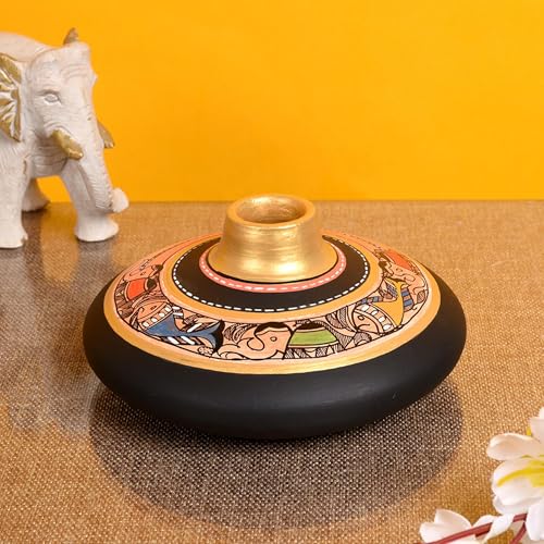 Image of Aakriti Art Creations Earthen Handcrafted Black Madhubani Vase 3.5x6.5 (HxD) | Terracotta Flower Vase | Matte Finish Traditional Decorative Vase for Living Room, Table Decor & Gifting