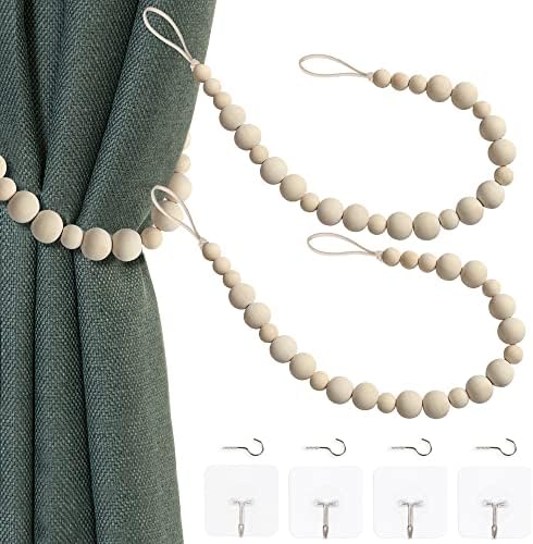 2 Pieces Wood Bead Curtain Tieback Boho Curtain Tiebacks Curtain Holdbacks for Wall Curtain Ties Window Treatment Curtain Tie Backs with Hooks for Bedroom Wall Dining(Wood Color,2)