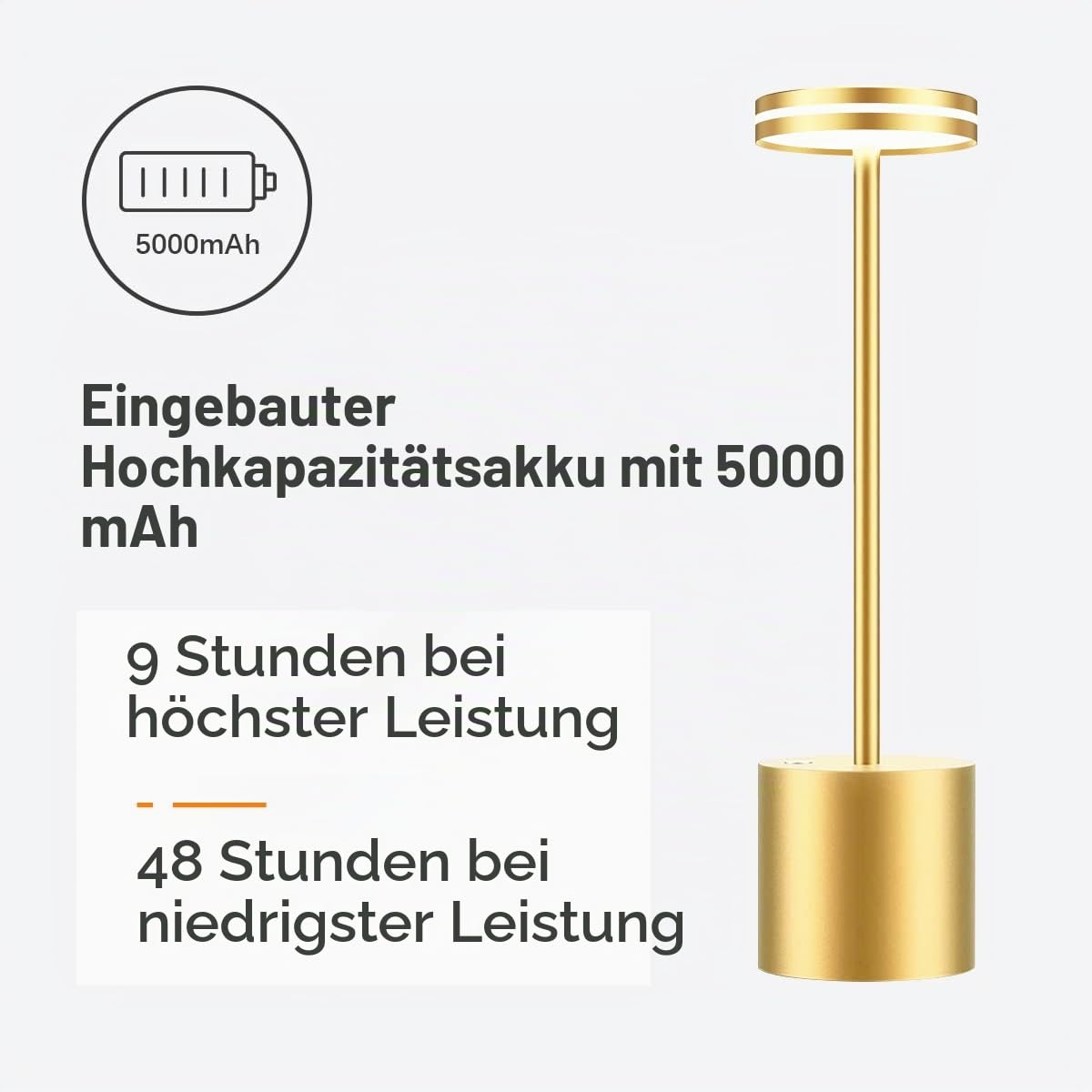 2Set LED Tischlampe, 5000mAh Tischleuchte Akku, Dimmbar, Aluminium | 3 Farbtemperatur, Moderne, Aufladbar Tischlampen für Outdoor Indoor Nachttisch Esstisch Terrasse Bar Gold