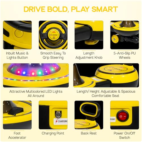 Image of Toyzone Orbiter Electric Magic Car (Yellow) | Rechargeable Ride On with 12V 4.5 AH Battery | Colourful LED Lights & Music | Made in India | 6M Battery Warranty | Age 2-10 Years, Upto 30 KGs