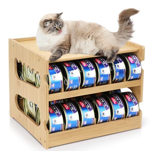 PLITTPETTS Bamboo Can Organizer for Pantry 2 Tier Canned Cat Food Organizer for Kitchen Counter Cat Food Storage Holds up to 36 Cans Can Rack Organizer for Human and Pet Food Cans FIFO Design